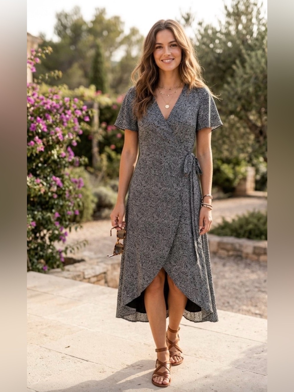 Mod Ref Dotted Print V-Neck Ruffle Sleeve Wrap Dress Sz M Mid-Length Casual